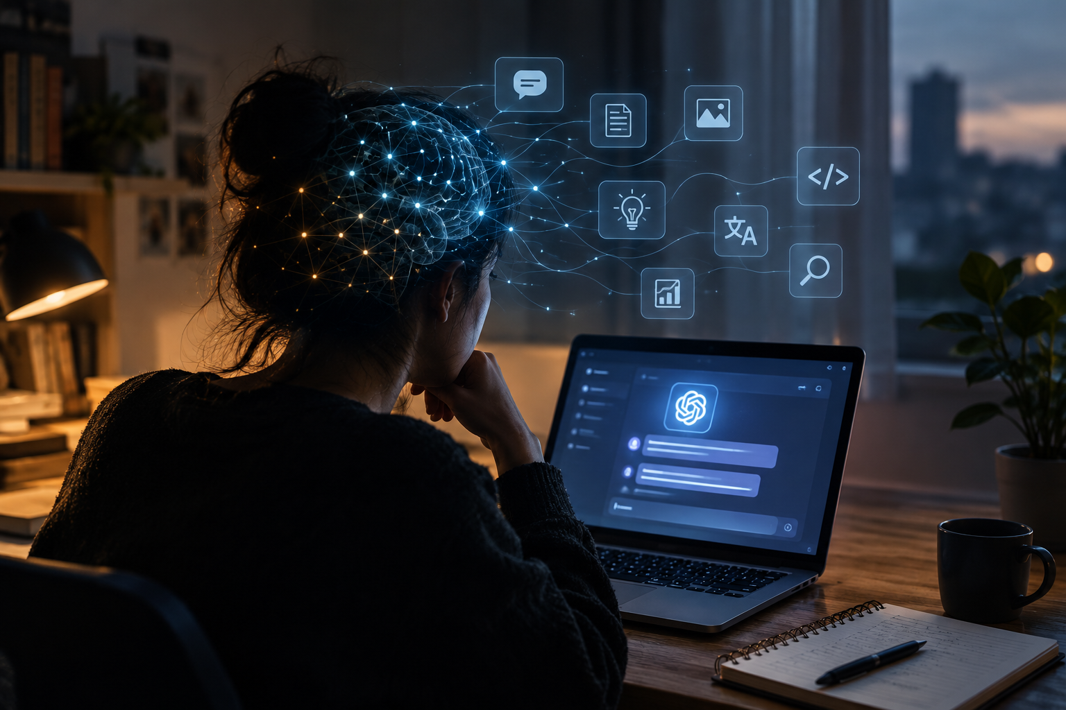 A person sits thoughtfully in front of a laptop as artificial intelligence visualizations blend into their silhouette, representing the growing relationship between human thinking and AI. The image explores a central question: is AI helping us think, or are we becoming dependent on it?
